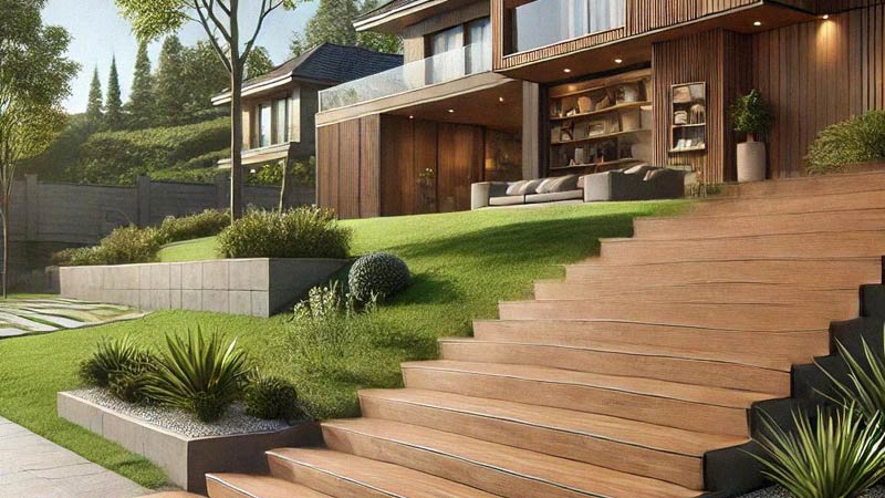 Nowoczesne schody z płytek drewnopodobnych - od wejścia do domu po schody z tarasu do ogrodu Nowoczesne schody z płytek drewnopodobnych - od wejścia do domu po schody z tarasu do ogrodu